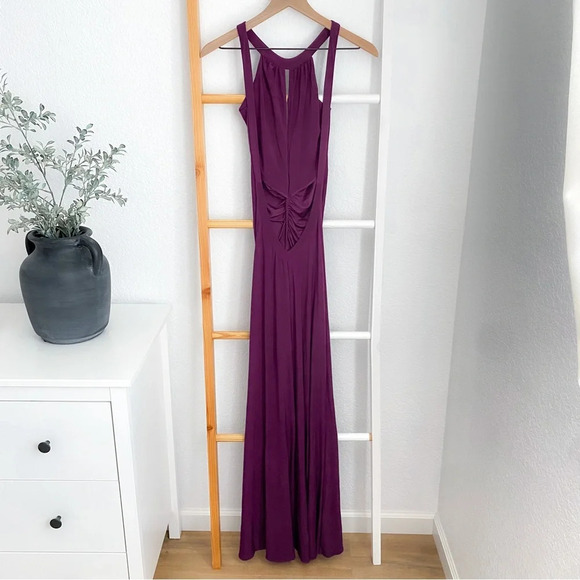 Camille Flawless Open Back Maxi Long Dress Purple Ruched Slit Low V-back Bodycon - Picture 2 of 12